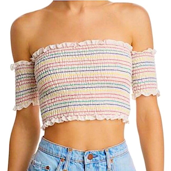 Anthropologie Tops - Sunset + Spring Off Shoulder Striped Smocked Crop